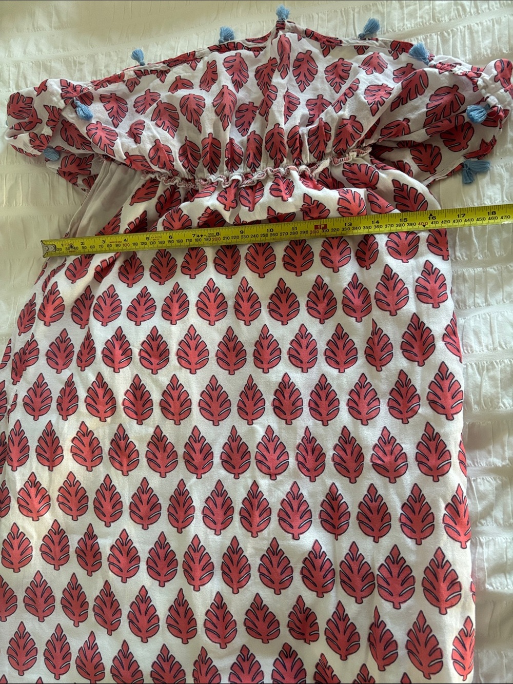 Hatley White Dress with Pink Leaf Print and Blue Tassel Trim - Picture 6 of 7